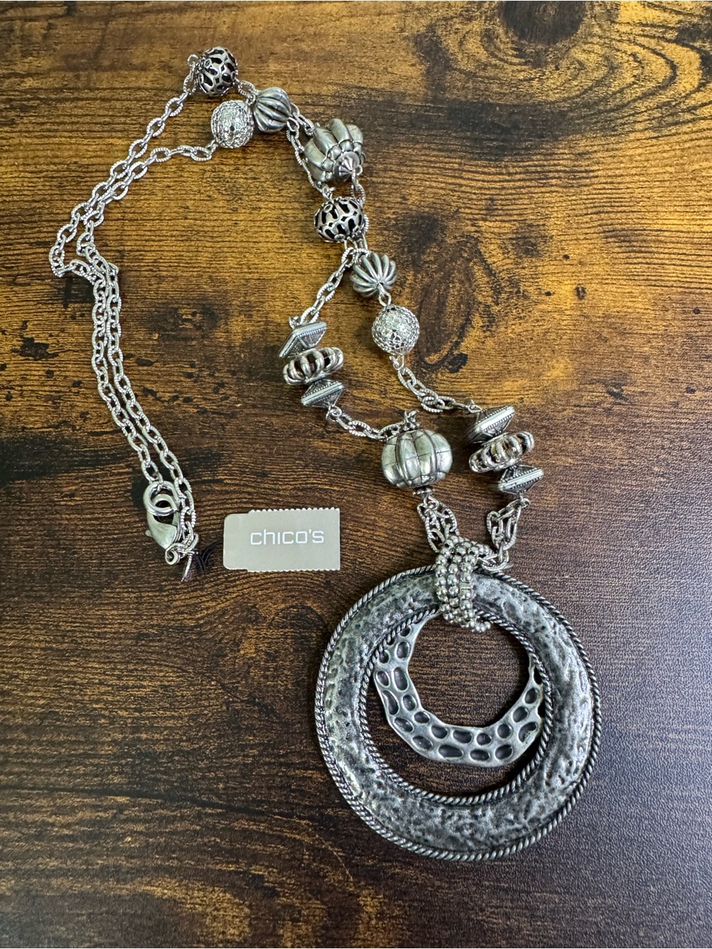 Chico's Antiqued Silver-Tone Double Circle Pendant Necklace - Aduna